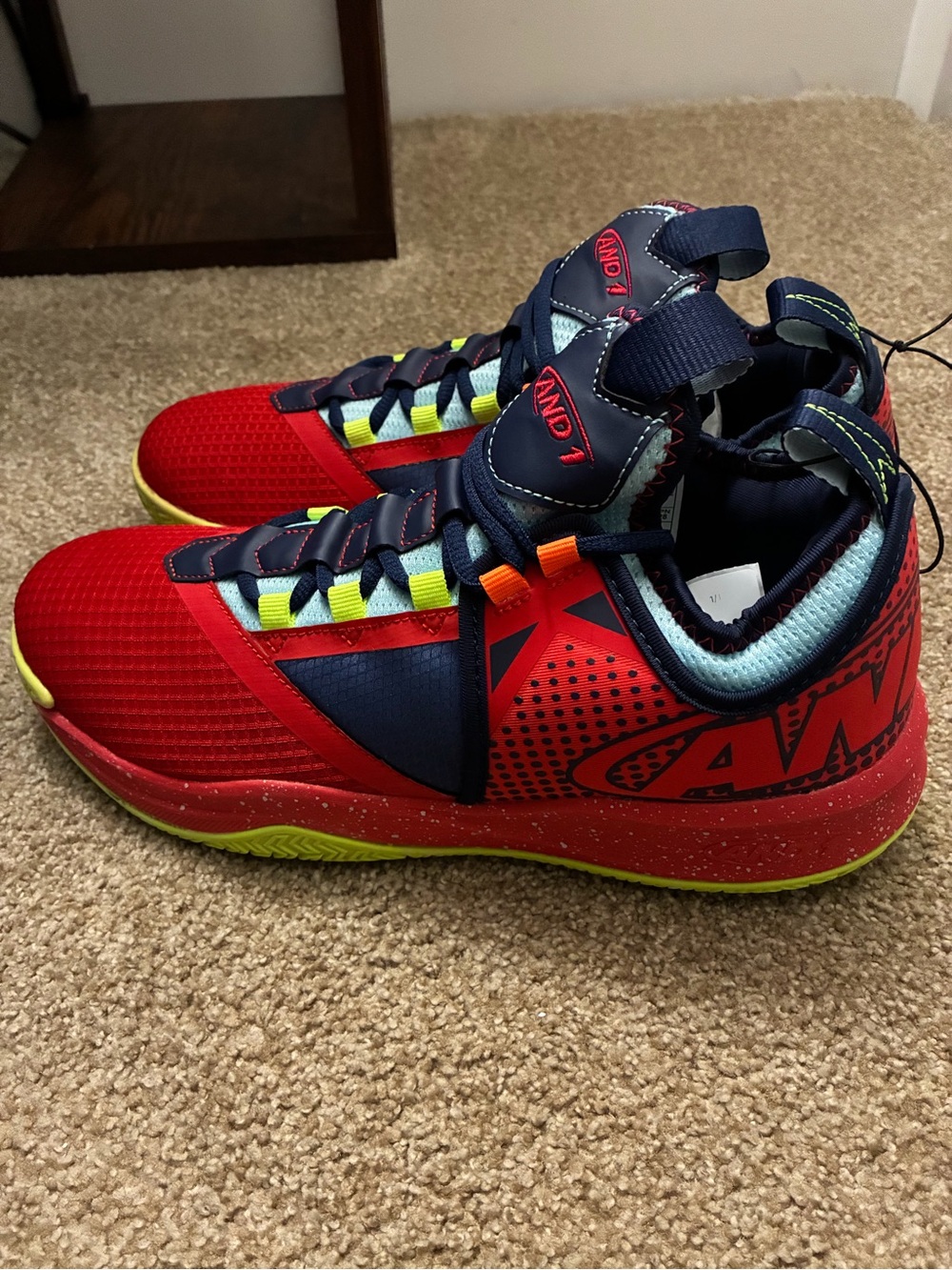 And1 Red and Navy Men's Basketball Sneakers with Neon Yellow Accents